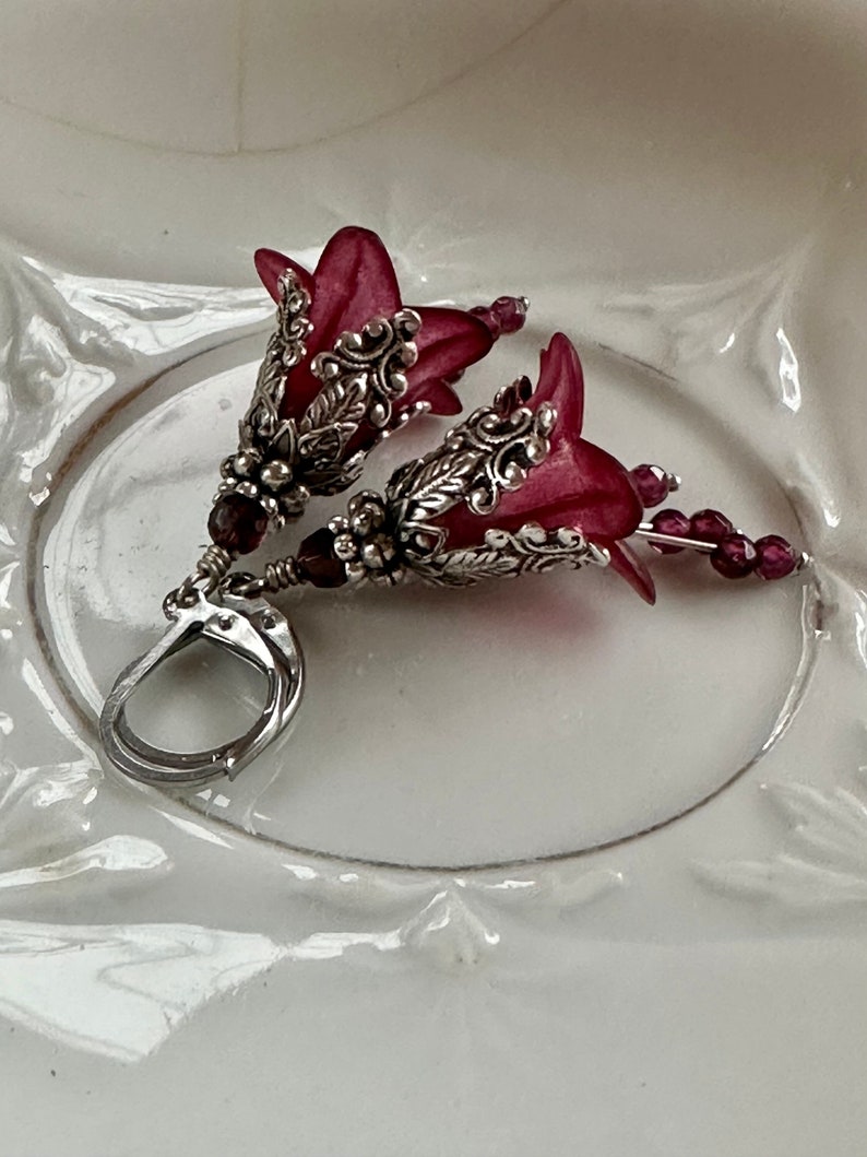 Garnet Earrings, Burgundy Wine Flower Earrings, January Birthday Birthstone, Bridesmaid jewelry, Valentine's Day image 3