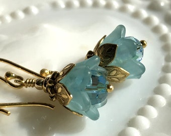 Aquamarine Earrings, Tiny Aquamarine Flower Earrings, March Birthday, Swarovski Crystal, Spring Wedding, Bridesmaids Earrings