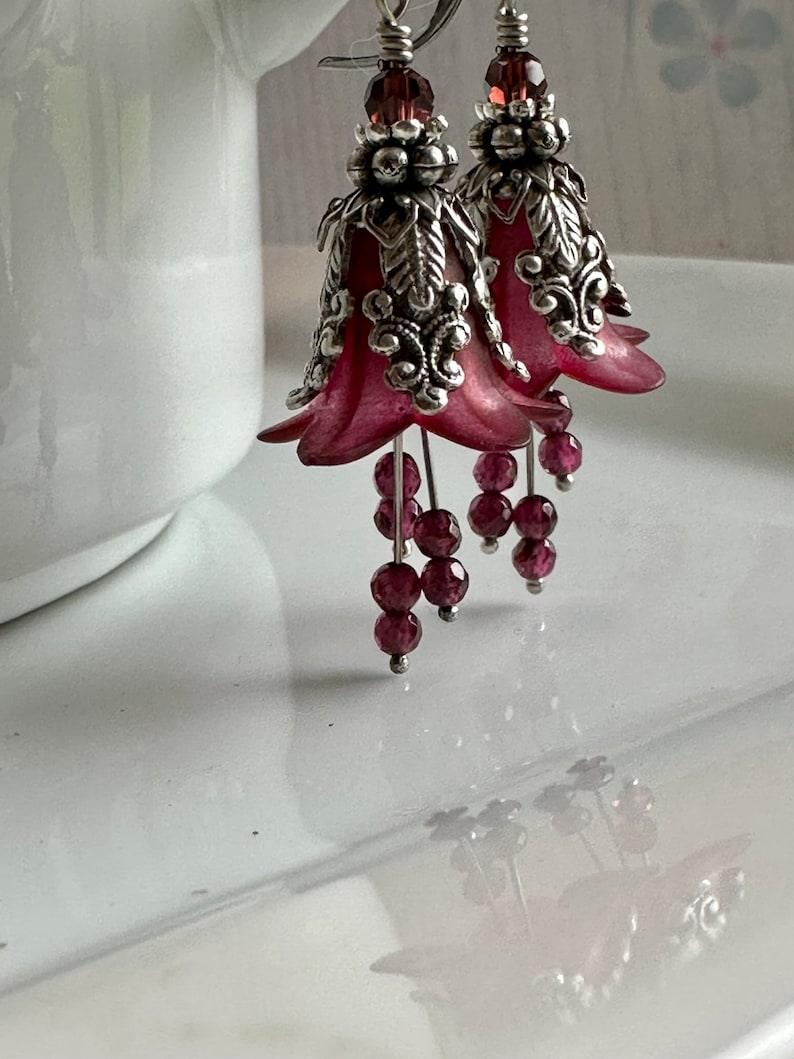 Garnet Earrings, Burgundy Wine Flower Earrings, January Birthday Birthstone, Bridesmaid jewelry, Valentine's Day image 4