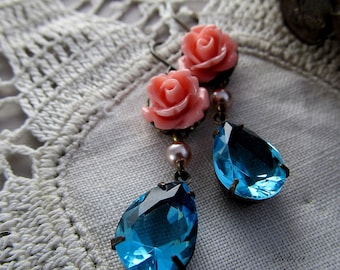 Aquamarine Earrings, Pink Rose Earrings, Vintage Style Earrings, Prom Earrings, Bridal Earrings