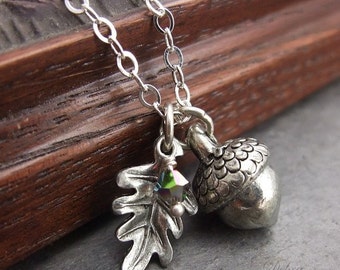 Silver Acorn Necklace,  Acorn Pendant, Acorn Jewelry, Birthstone Jewelry, Sterling silver chain