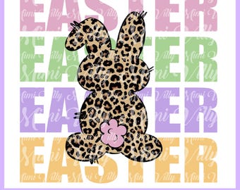 May include: A digital design featuring a leopard print bunny rabbit sitting in front of the word "Easter" repeated four times in different colors. The bunny has a pink flower on its back.