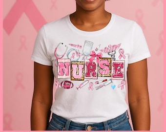 May include: White t-shirt with a pink and leopard print design that says "NURSE". The shirt has medical-themed graphics, including a stethoscope, syringes, and a caduceus symbol. The background features pink ribbons.