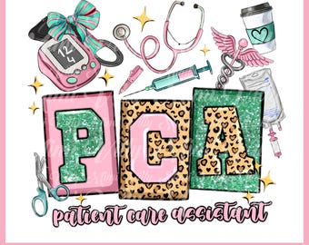 May include: A pink, green, and yellow graphic design with the letters PCA, standing for Patient Care Assistant. The design includes a stethoscope, a syringe, a blood pressure cuff, a coffee cup, and a caduceus.