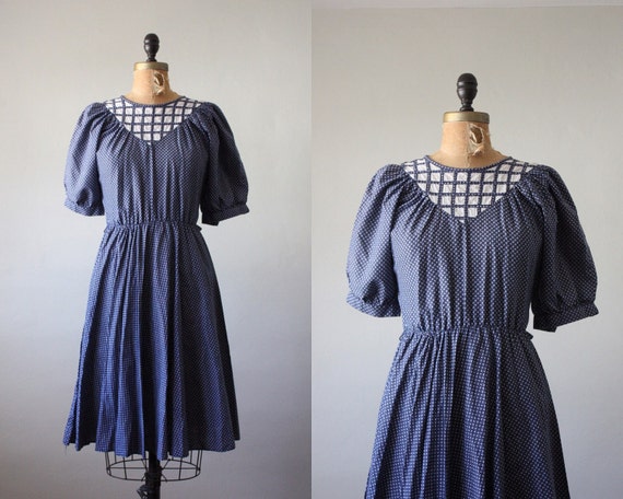Items similar to vintage 1970's dress - navy floral print prairie dress ...