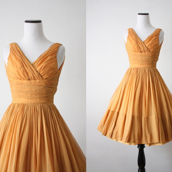 1950s dress - amber chiffon 50s dress