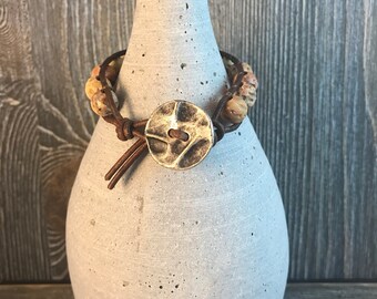 Rock Climber - Single Leather Wrapped Beaded Bracelet With Etched Sandstone