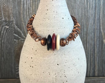 Copper Square and Round Link Chain Kazuri Bead Bracelet