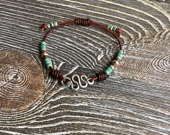 Rattlesnake Czech Picasso Beaded Leather Adjustable Bracelet