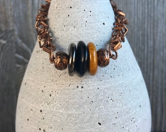 Copper  Square and Round  Link Chain Kazuri Bead Bracelet