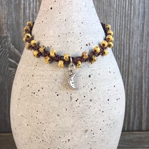 Silk Cord Macrame Beaded Bracelet With Half Moon Charm And Sliding Knot Closure