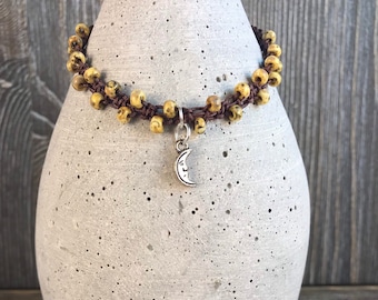 Silk Cord Macrame Beaded Bracelet With Half Moon Charm And Sliding Knot Closure