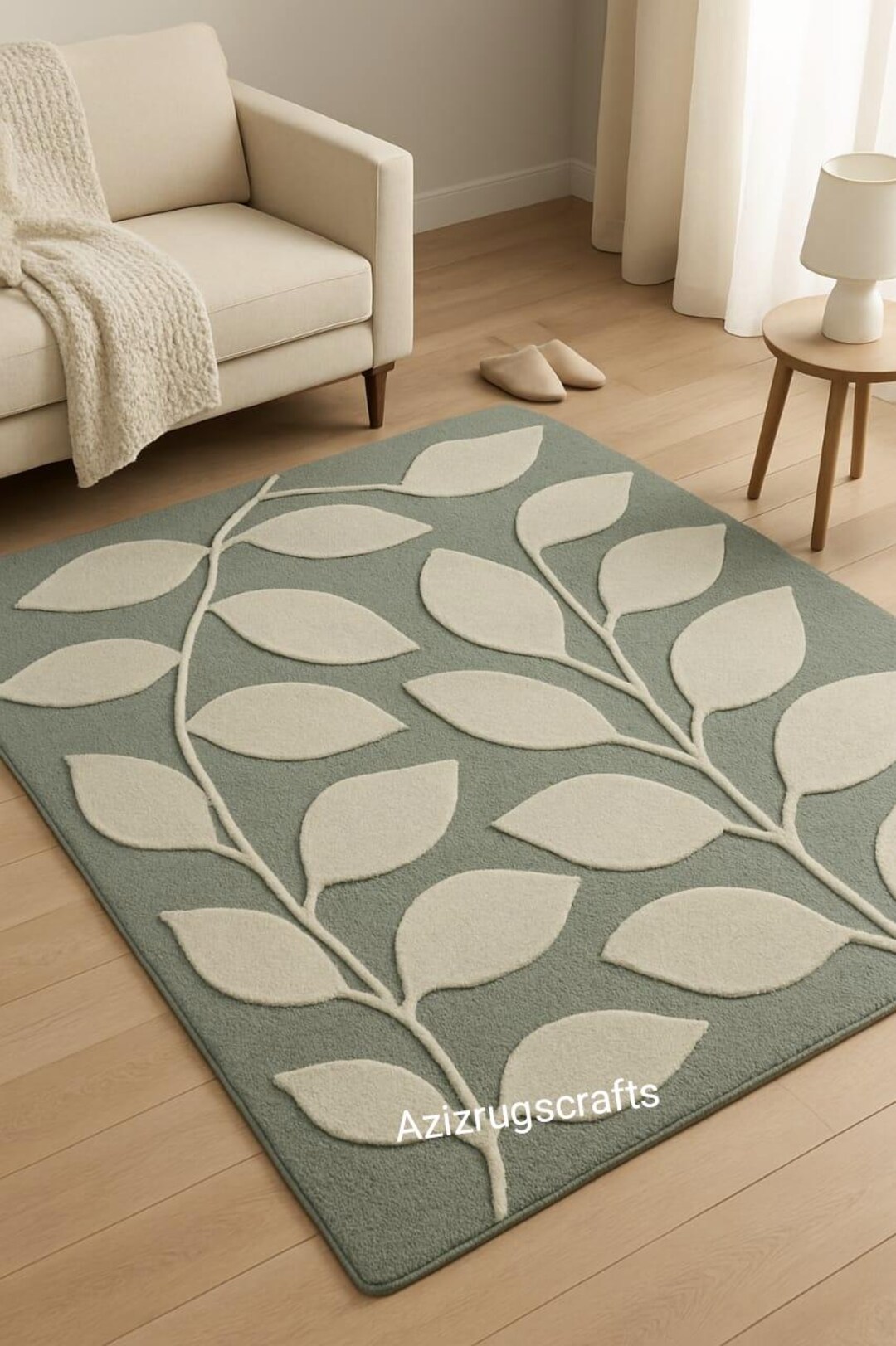 Leaf Pattern Rug – Modern Botanical Carpet | Sage Green & Cream Area ...