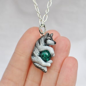 Dainty Grey Wolf Necklace with Custom Color Gem