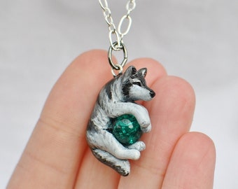 Dainty Grey Wolf Necklace with Custom Color Gem