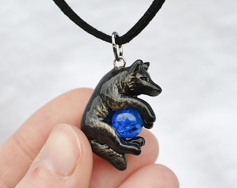 Small Black Wolf Necklace with Custom Color Gem Pendant Charm