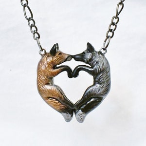 Fox Love Necklace Red Silver Couple Heart Polymer Clay