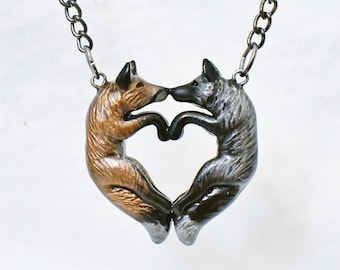 Fox Love Necklace Red Silver Couple Heart Polymer Clay