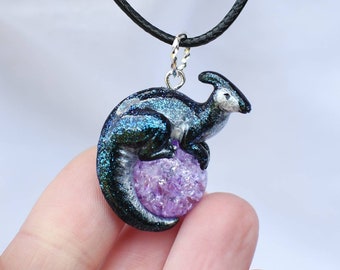 Galaxy Parasaurolophus Necklace with Custom Color Gem