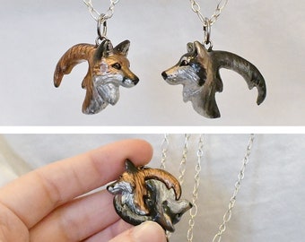 Wolf and Fox Heads Yin Yang Necklace His and Hers Interlocking