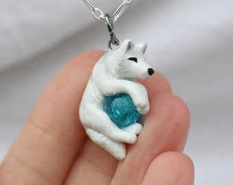 Dainty White Wolf Necklace with Custom Color Gem