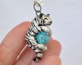 White Tiger Necklace with Custom Color Gem