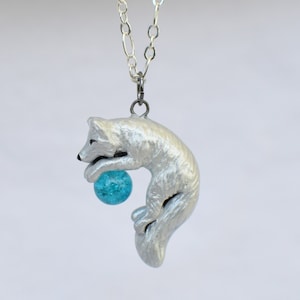 Pouncing Arctic Fox Necklace With Custom Color Gem