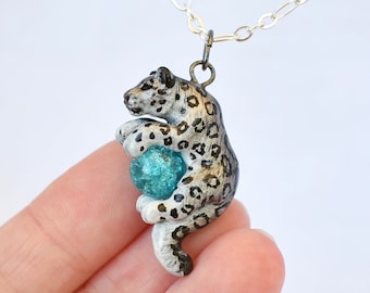 Snow Leopard Necklace with Custom Color Gem Pendant Charm
