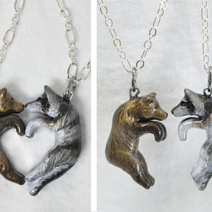 Bear and Wolf Heart Necklaces BFF His and Hers Set Friendship Couple Love