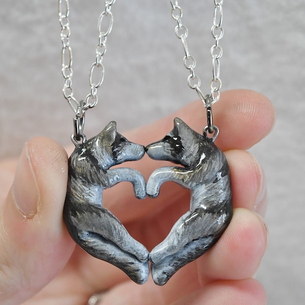 Grey Wolf Friendship Necklaces His and Hers Heart Kissing Couple