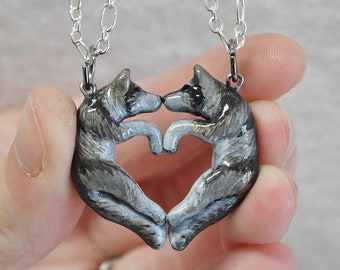 Grey Wolf Friendship Necklaces His and Hers Heart Kissing Couple