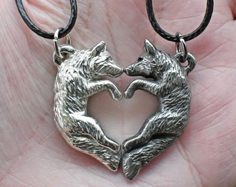 Pewter Fox and Wolf Love Necklaces Valentine's His and Hers Gift Heart Kissing Couple