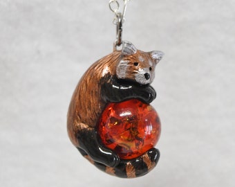 Red Panda Necklace With Custom Color Gem Marble Pendant