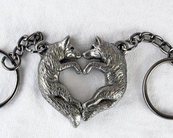 Pewter Fox and Wolf Love Keychains Valentine's His and Hers Gift Heart Kissing Couple