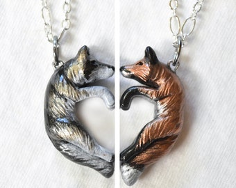 Wolf and Fox Friendship Necklace His and Hers Heart