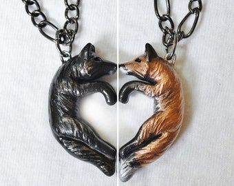 Black Wolf and Fox Necklaces Love His and Hers Heart Kissing Couple BFF