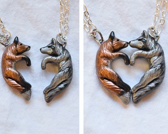 Wolf and Fox Love Necklace His and Hers Heart Kissing Couple
