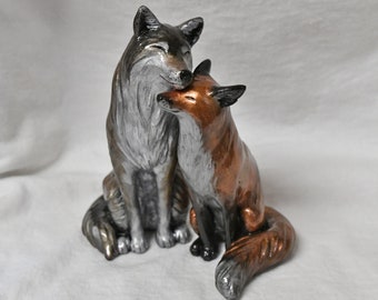 Wolf and Fox Sculpture Cake Topper Wedding Love Cuddle Figurine