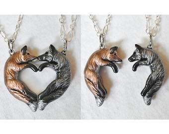 Fox Love Necklace His and Hers Heart Kissing Couple