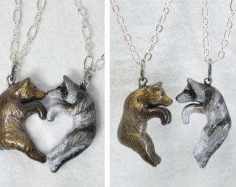 Bear and Wolf Heart Necklaces BFF His and Hers Set Friendship Couple Love