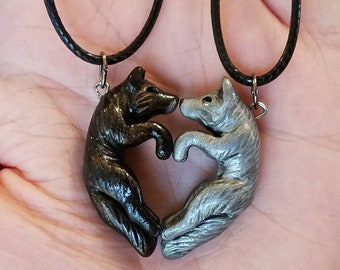 Wolf Friendship Necklaces His and Hers Heart Black and Silver