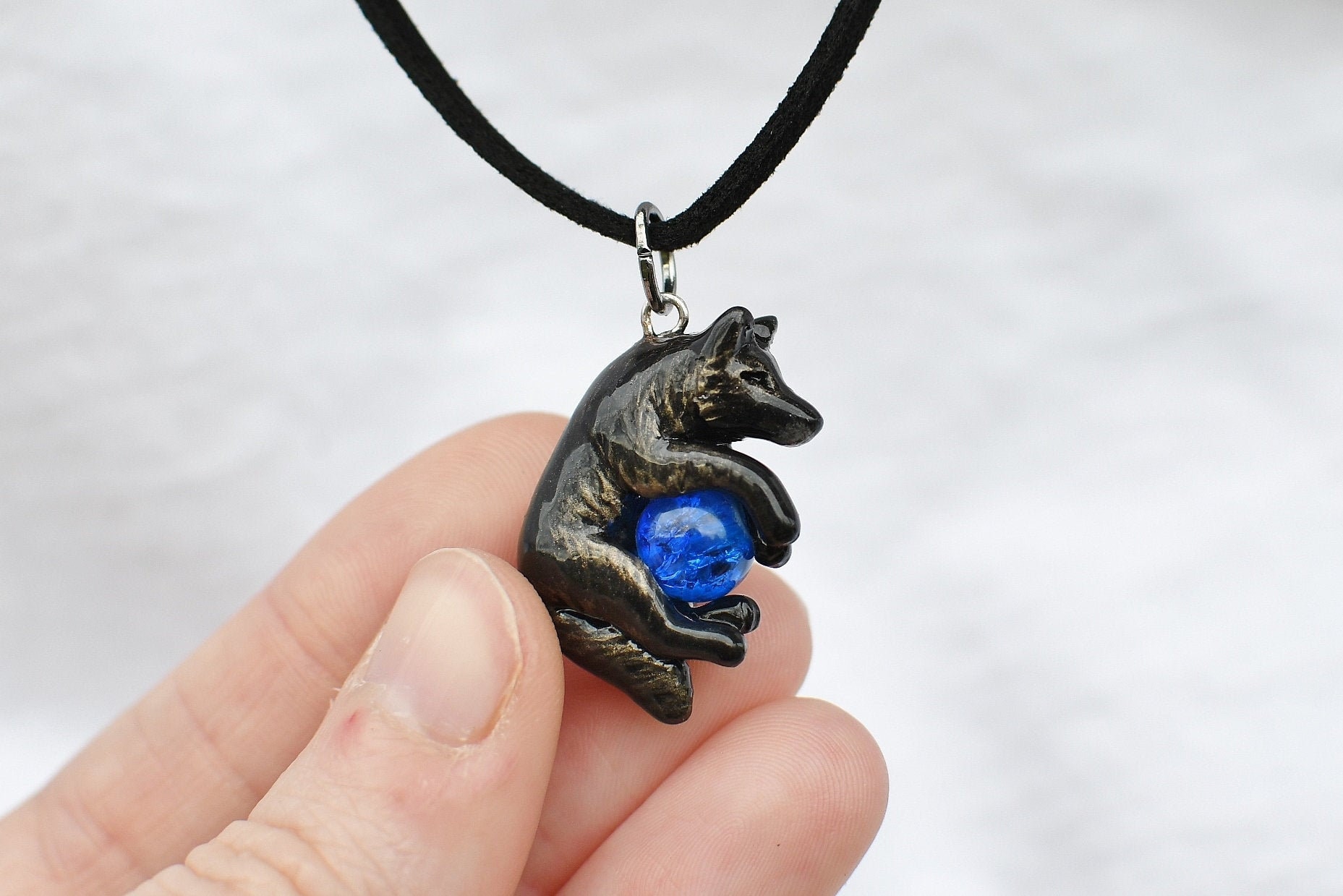 Small Black Wolf Necklace with Custom Color Gem Pendant Charm