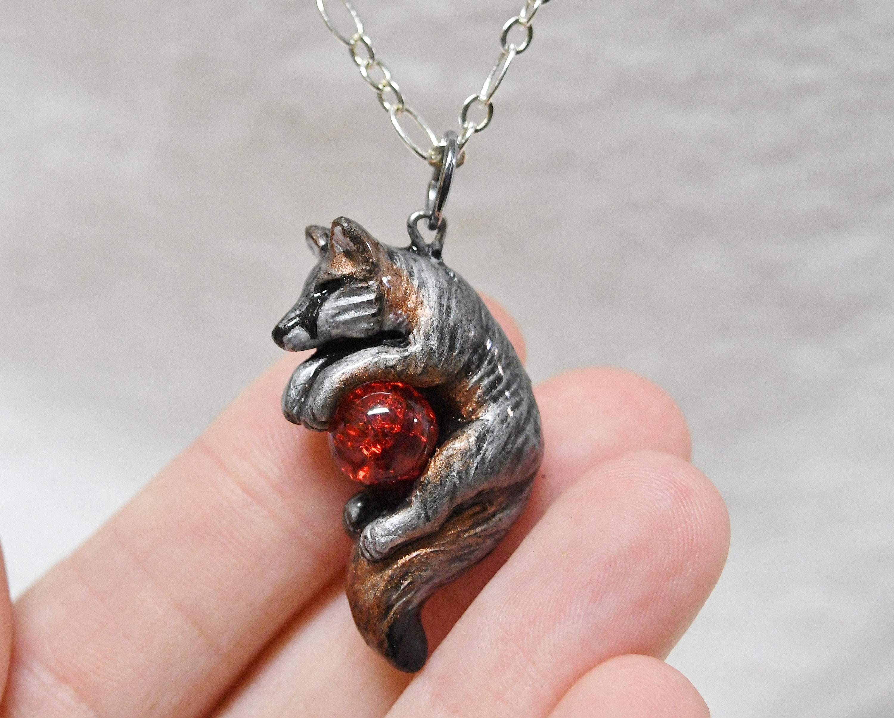 Grey Fox Necklace With Custom Color Gem Pendant Charm | Etsy