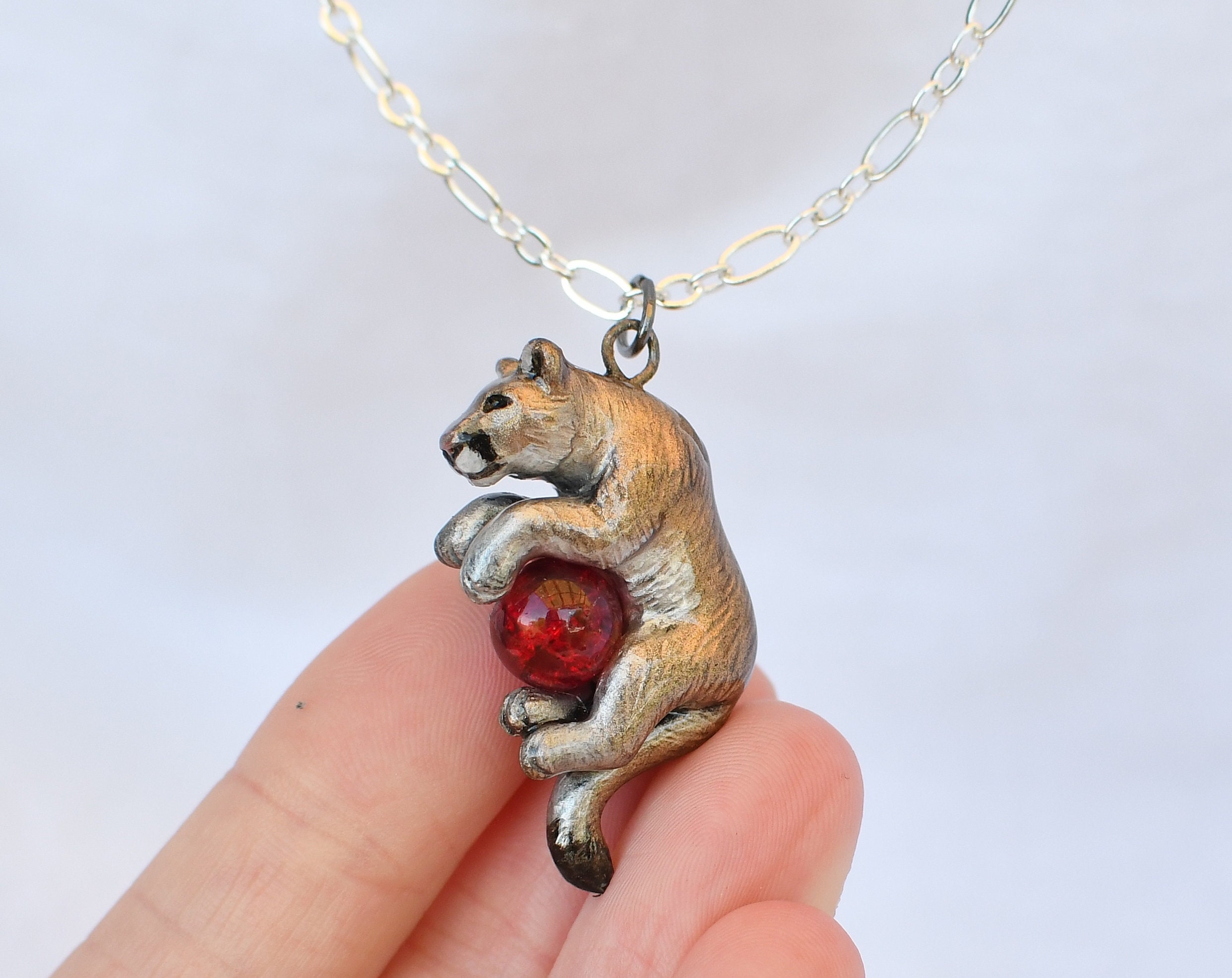 Cougar Necklace With Custom Color Gem Mountain Lion Puma Etsy Australia