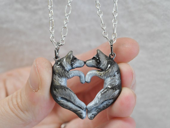 Grey Wolf Friendship Necklaces His and Hers Heart Kissing Couple