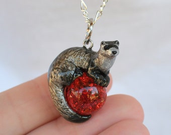Black-Footed Ferret Necklace with Custom Color Gem
