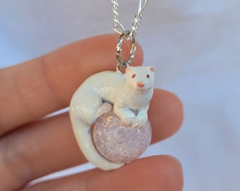 Albino Ferret Necklace with Custom Color Gem