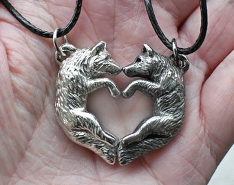 Pewter Wolf Love Necklaces Valentine's His and Hers Gift Heart Kissing Couple