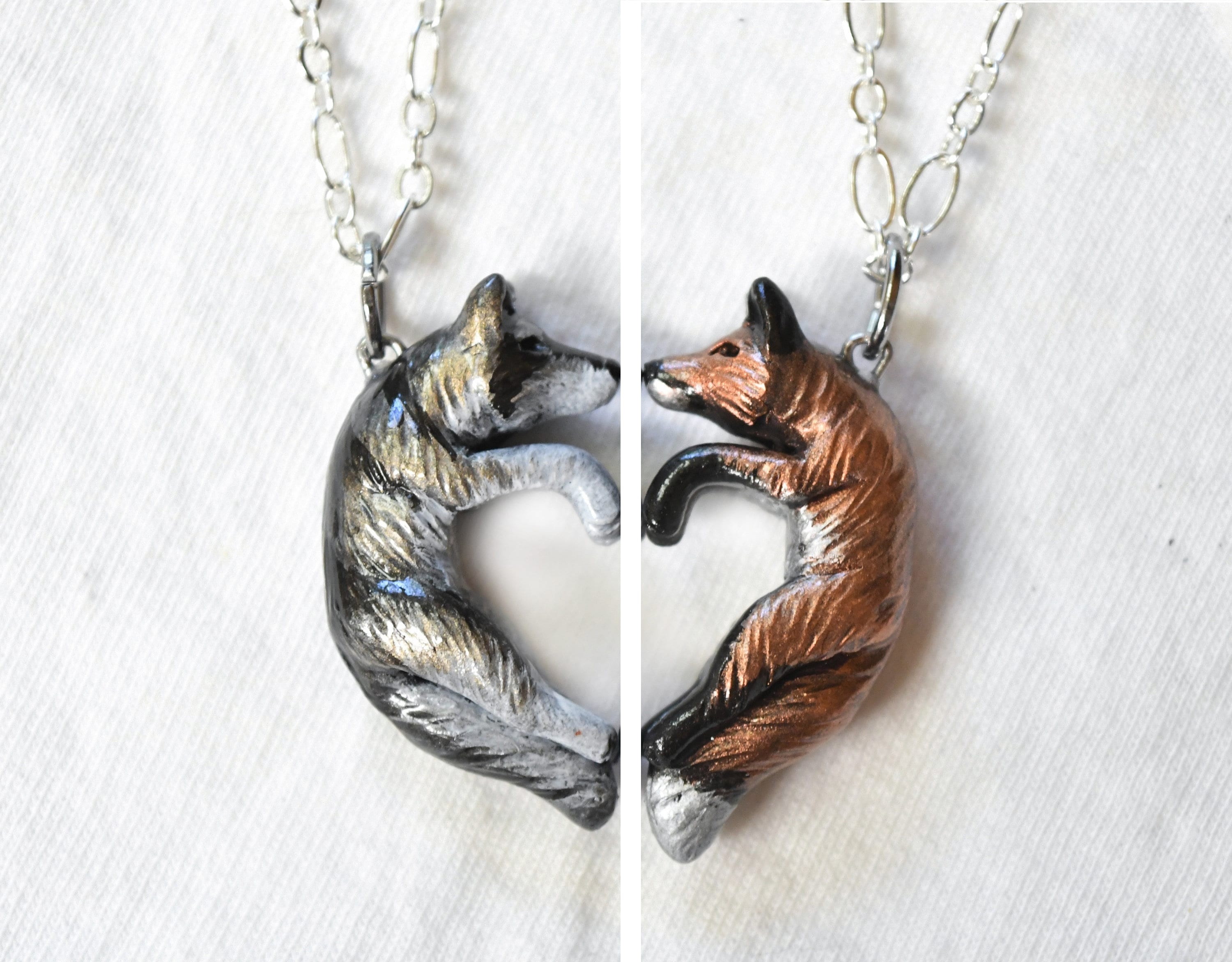 Wolf and Fox Friendship Necklace His and Hers Heart Etsy Australia