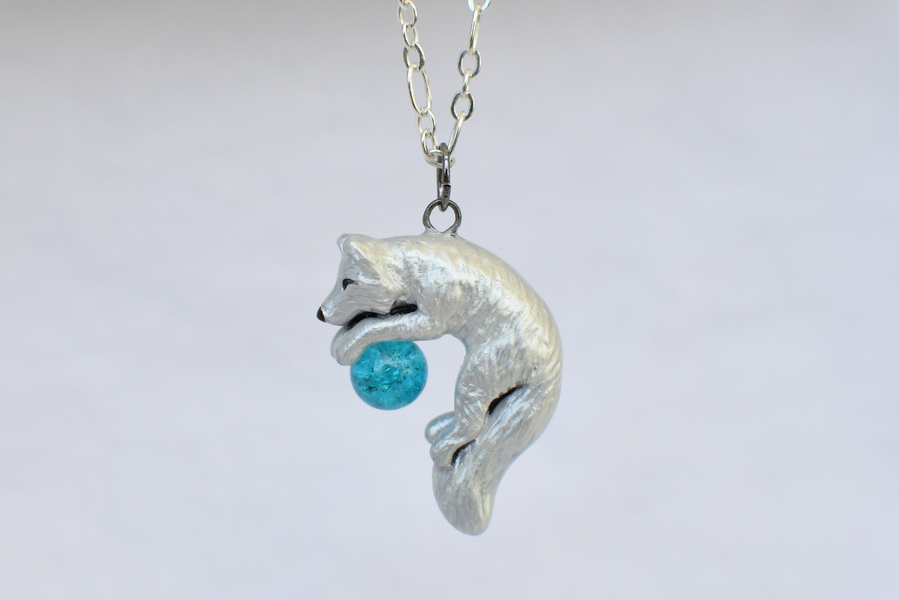 Pouncing Arctic Fox Necklace with Custom Color Gem